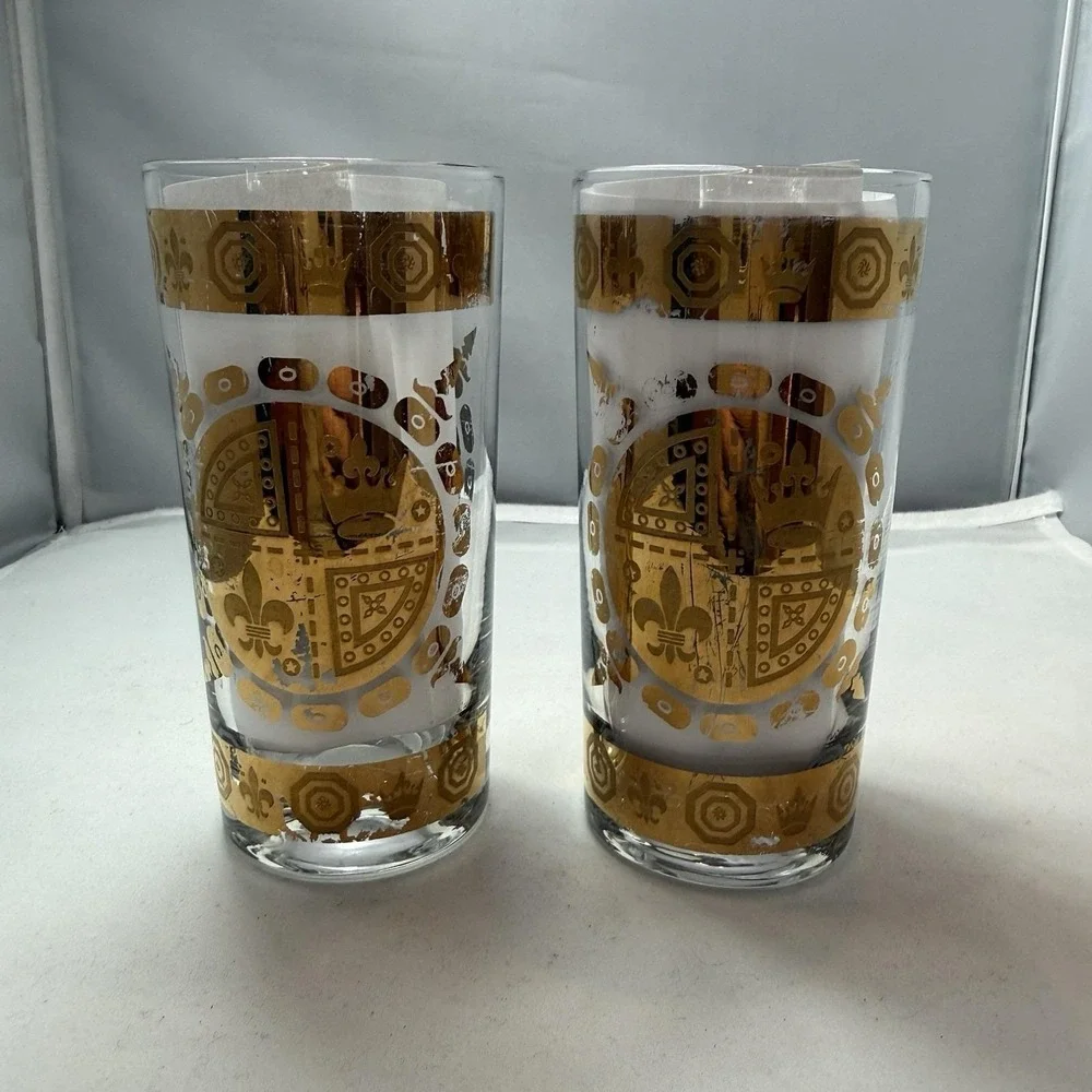 VTG MCM Vito Bari Barware Set 8 Highball Glasses, Ice Bucket & Caddy 22KT Gold